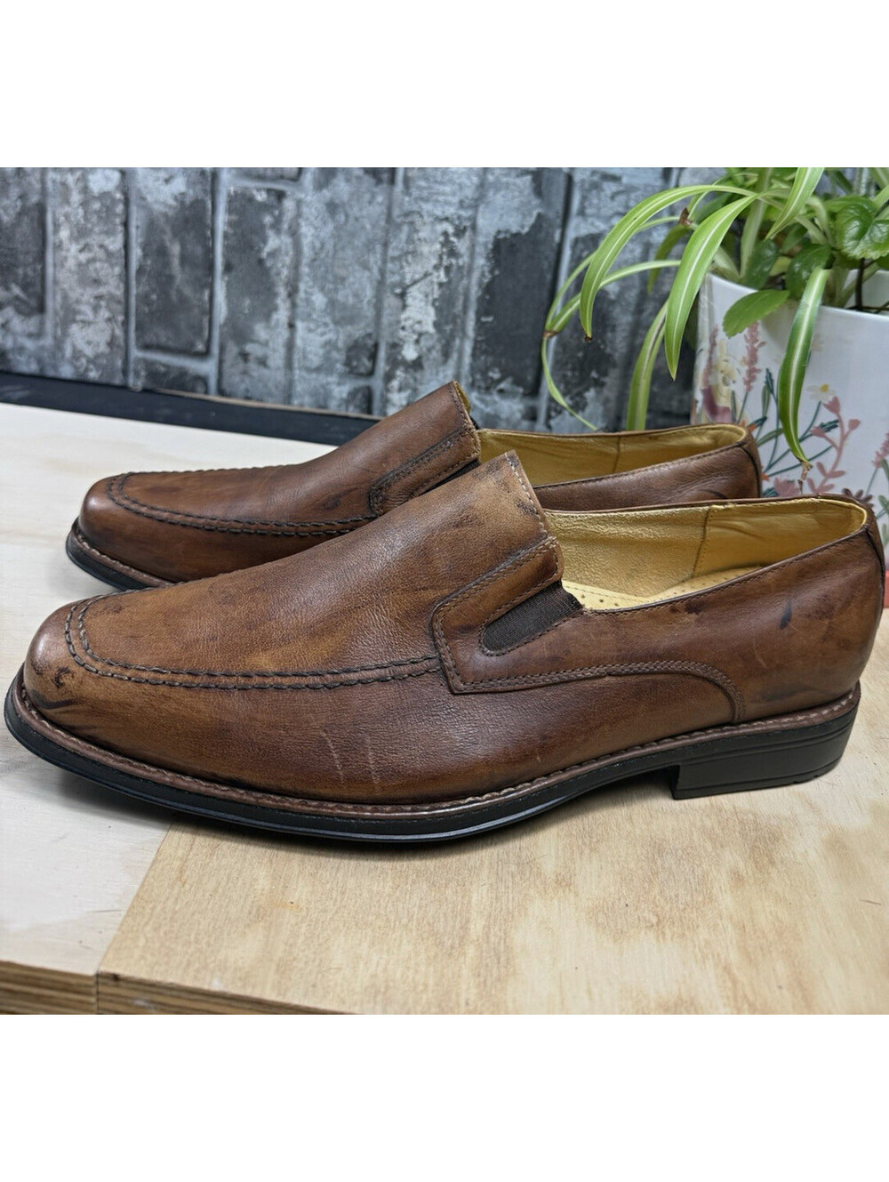 Sandro Moscoloni Men’s Brown Leather Slip-On Dress Loafers Square Toe US 10.5